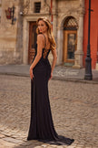 Picture of: Ruched Jersey Gown with Lace-Up Back and High Slit in Black, Style: 33298, Back Picture