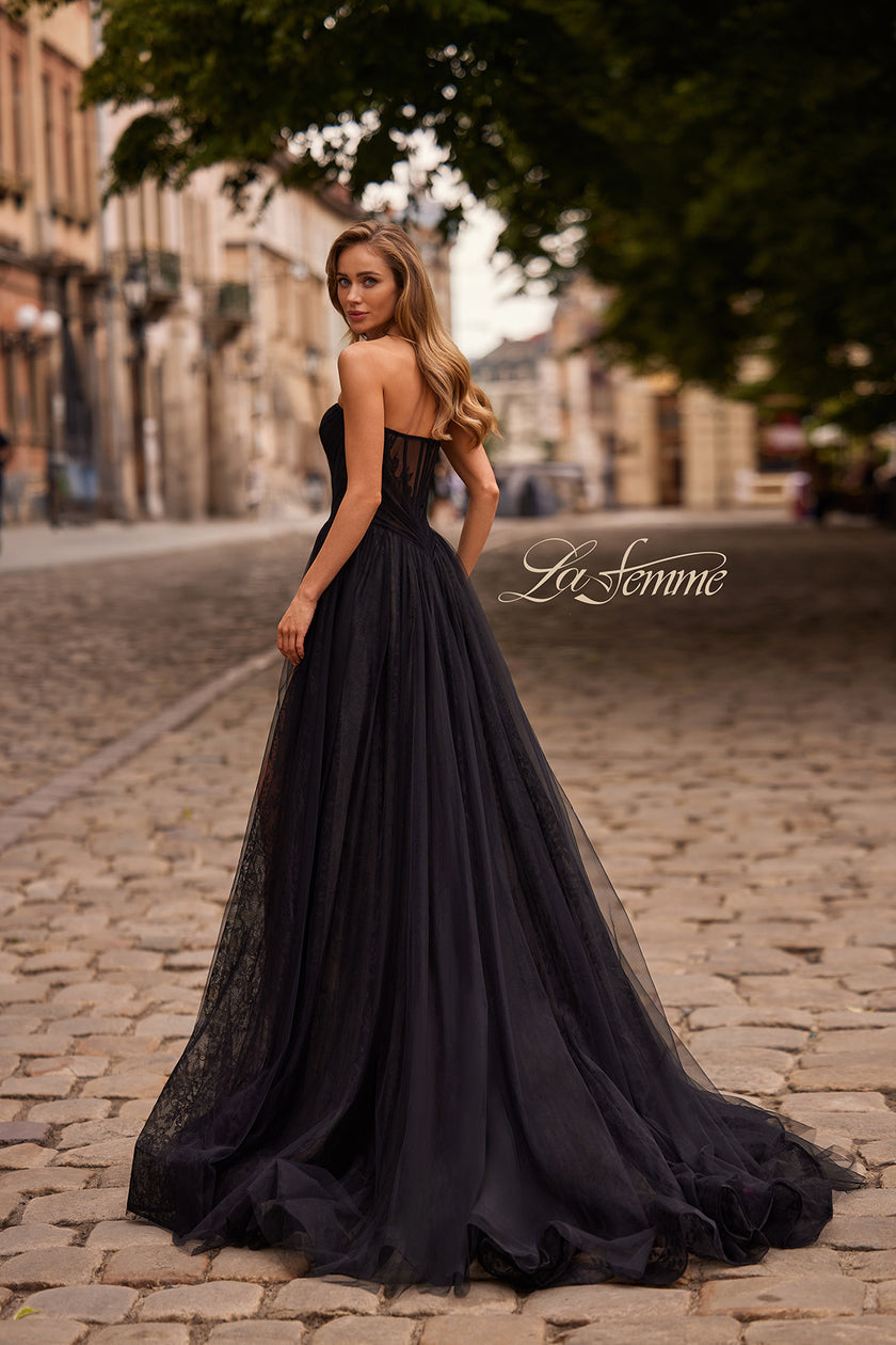 Picture of: Strapless A-Line Gown with Sheer Corset Bodice and High Slit in Black, Style: 33307, Back Picture