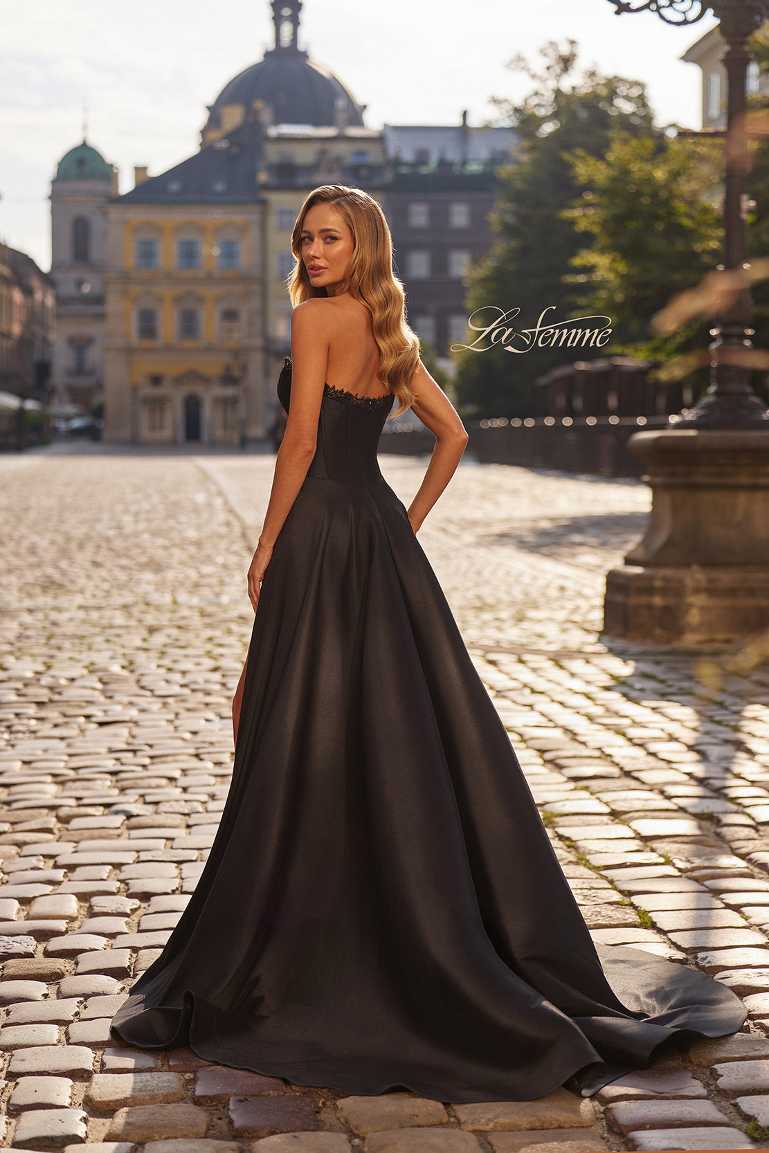 Picture of: Strapless A-Line Mikado Gown with Lace Trim and High Slit in Black, Style: 33353, Back Picture
