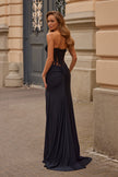 Picture of: Strapless Lace Applique Corset Gown with High Slit in Black, Style: 33399, Back Picture