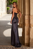 Picture of: Lace and Satin Gown with Sheer Bodice and High Slit in Black, Style: 33419, Back Picture