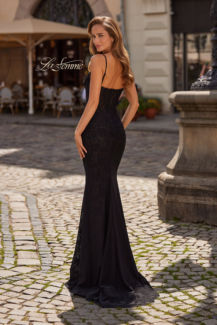 Picture of: Lace Fitted Gown with Ruched Bodice and Sheer Back in Black, Style: 33443, Back Picture