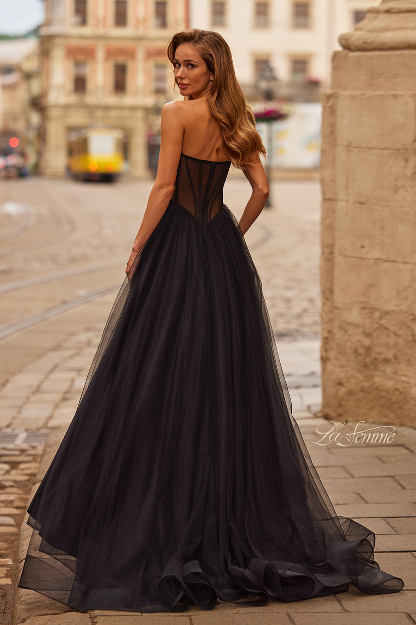 Picture of: Strapless Corset Gown with Tulle Skirt and High Slit in Black, Style: 33491, Back Picture