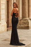 Picture of: Lace Fitted Gown with Crisscross Back and Rhinestones in Black, Style: 33514, Back Picture