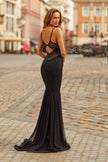 Picture of: Lace Mermaid Gown with Sheer Godet Skirt in Black, Style: 33562, Back Picture