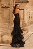 Picture of: Strapless Rhinestone Lace Mermaid Gown with Tiered Skirt in Black, Style: 33563, Back Picture