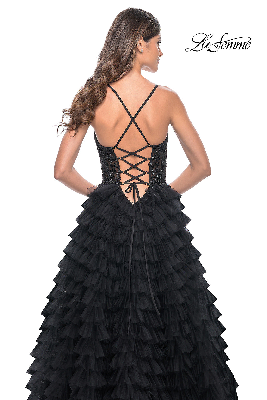 Picture of: Ruffle Tulle Prom Gown with Illusion Lace Bodice and High Slit in Black, Style: 32128, Detail Picture 18