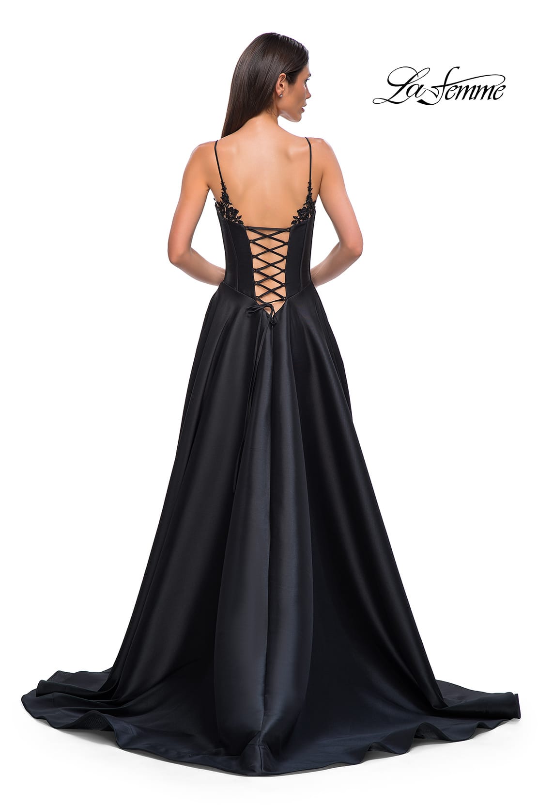 Picture of: Mikado A-line Gown with Lace Detail Neckline in Black , Style 32878, Detail Picture 18