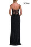 Picture of: Rhinestone Fitted Gown with Draped Bodice and Sheer Corset Back in Black, Style: 33343, Detail Picture 18