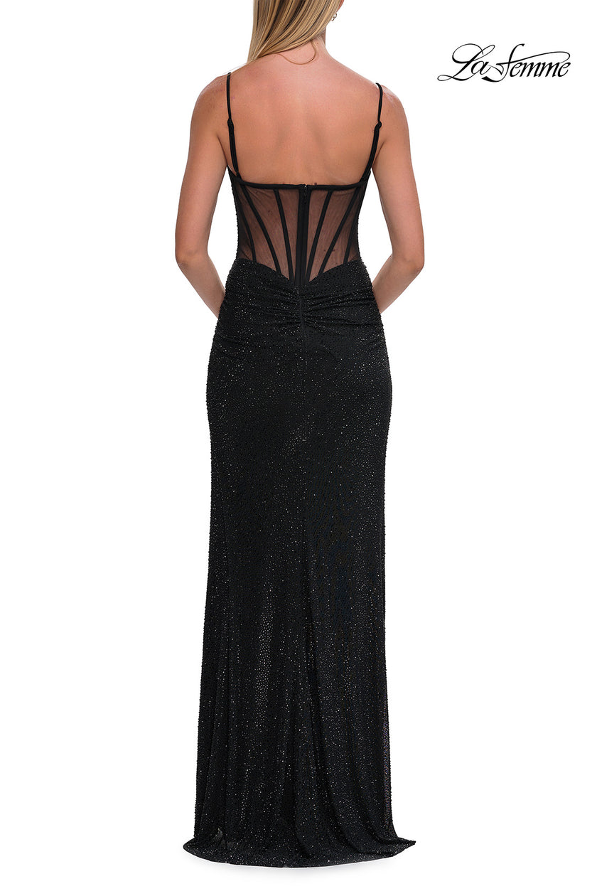 Picture of: Rhinestone Fitted Gown with Draped Bodice and Sheer Corset Back in Black, Style: 33343, Detail Picture 18