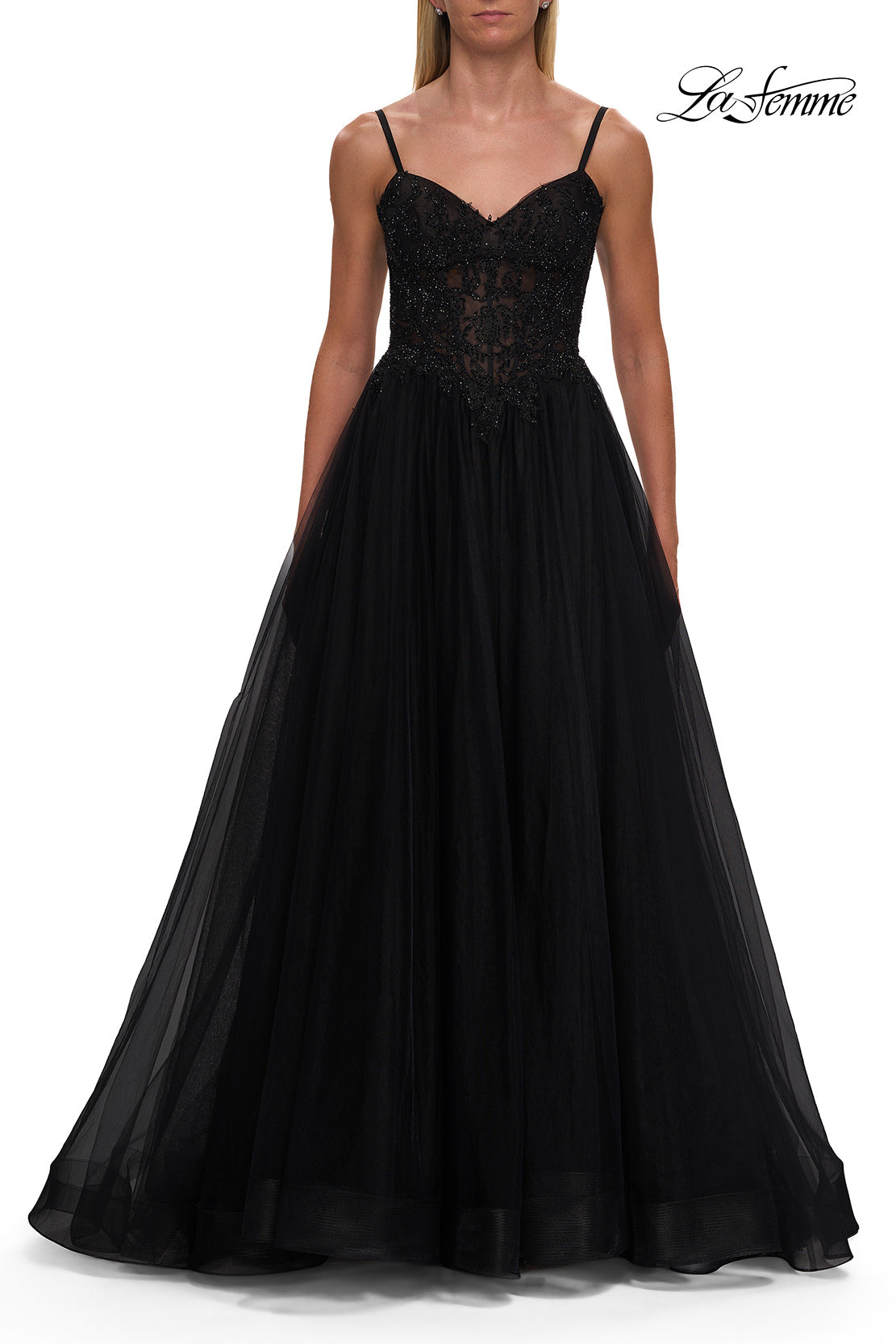 Picture of: Lace Corset Tulle Gown with High Slit and A-Line Skirt in Black, Style: 33436, Detail Picture 18