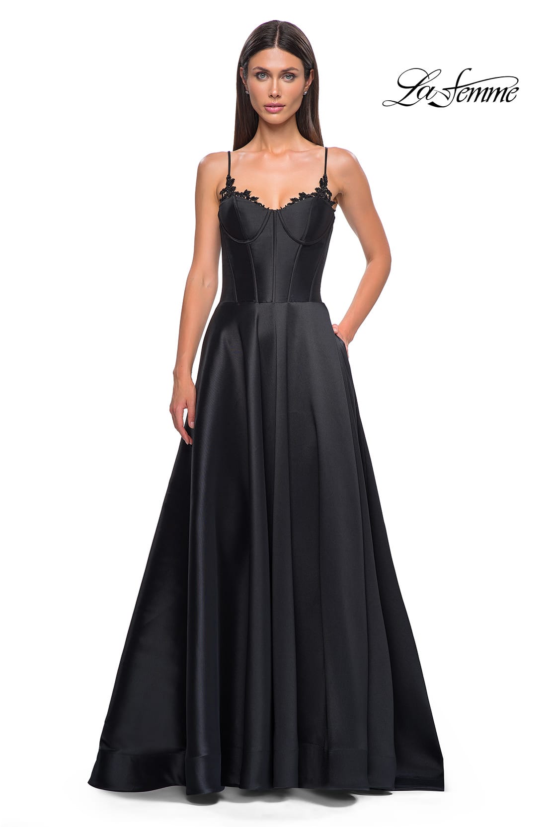 Picture of: Mikado A-line Gown with Lace Detail Neckline in Black , Style 32878, Detail Picture 19