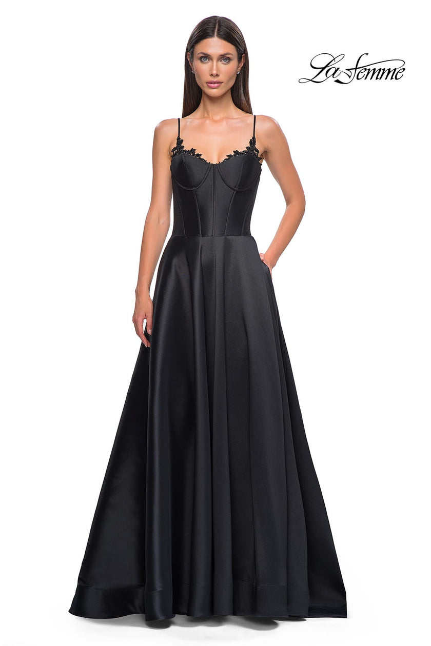 Picture of: Mikado A-line Gown with Lace Detail Neckline in Black , Style 32878, Detail Picture 19