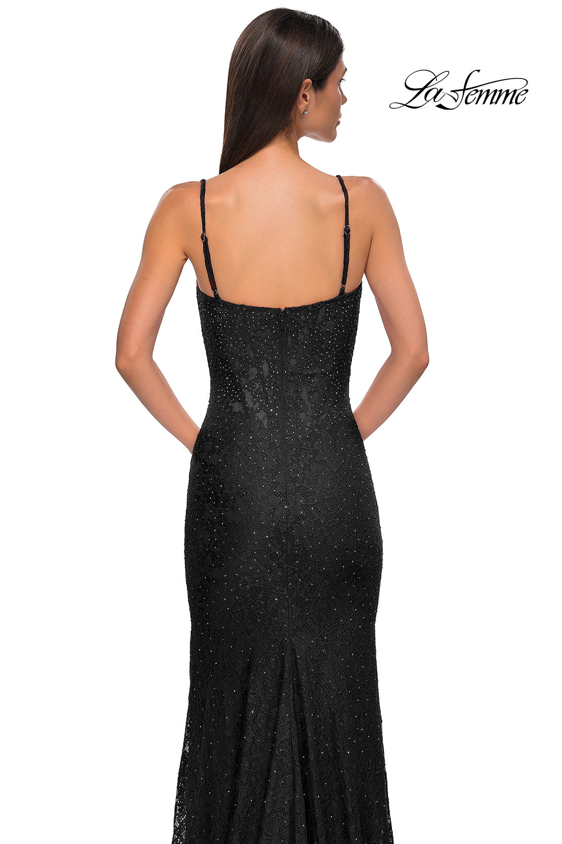 Picture of: Fitted Stretch Lace Dress with Scallop Neckline in Black , Style 32933, Detail Picture 20