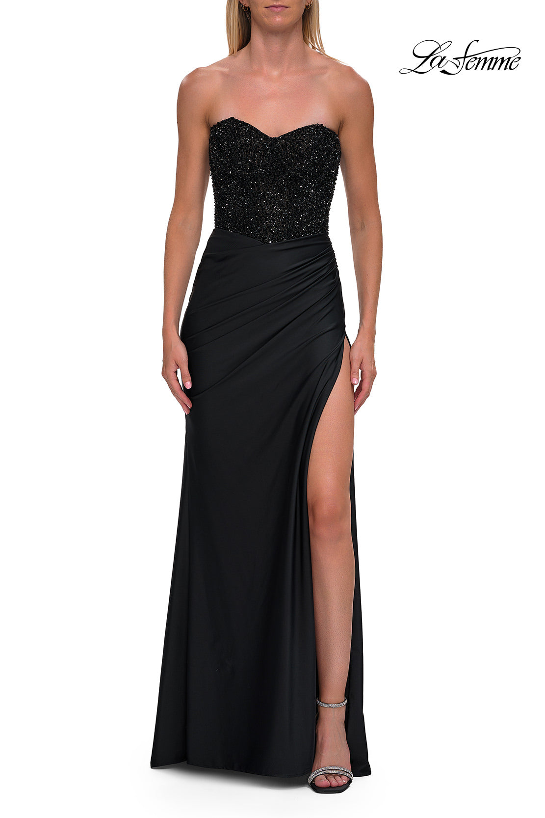 Picture of: Strapless Embellished Corset Gown with High Slit and Lace-Up Back in Black, Style: 33355, Detail Picture 20