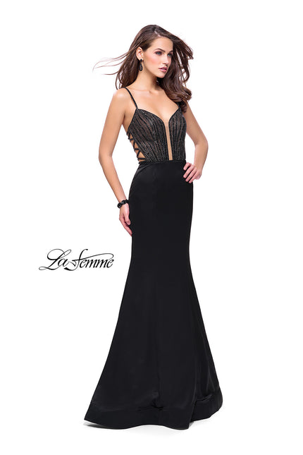 Picture of: Mermaid Prom Dress with Beaded Top and Strappy Back in Black, Style: 24691, Detail Picture 1