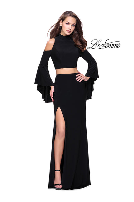 Picture of: Long Two Piece Dress with Cold Shoulders and Bell Sleeves in Black, Style: 25353, Detail Picture 1