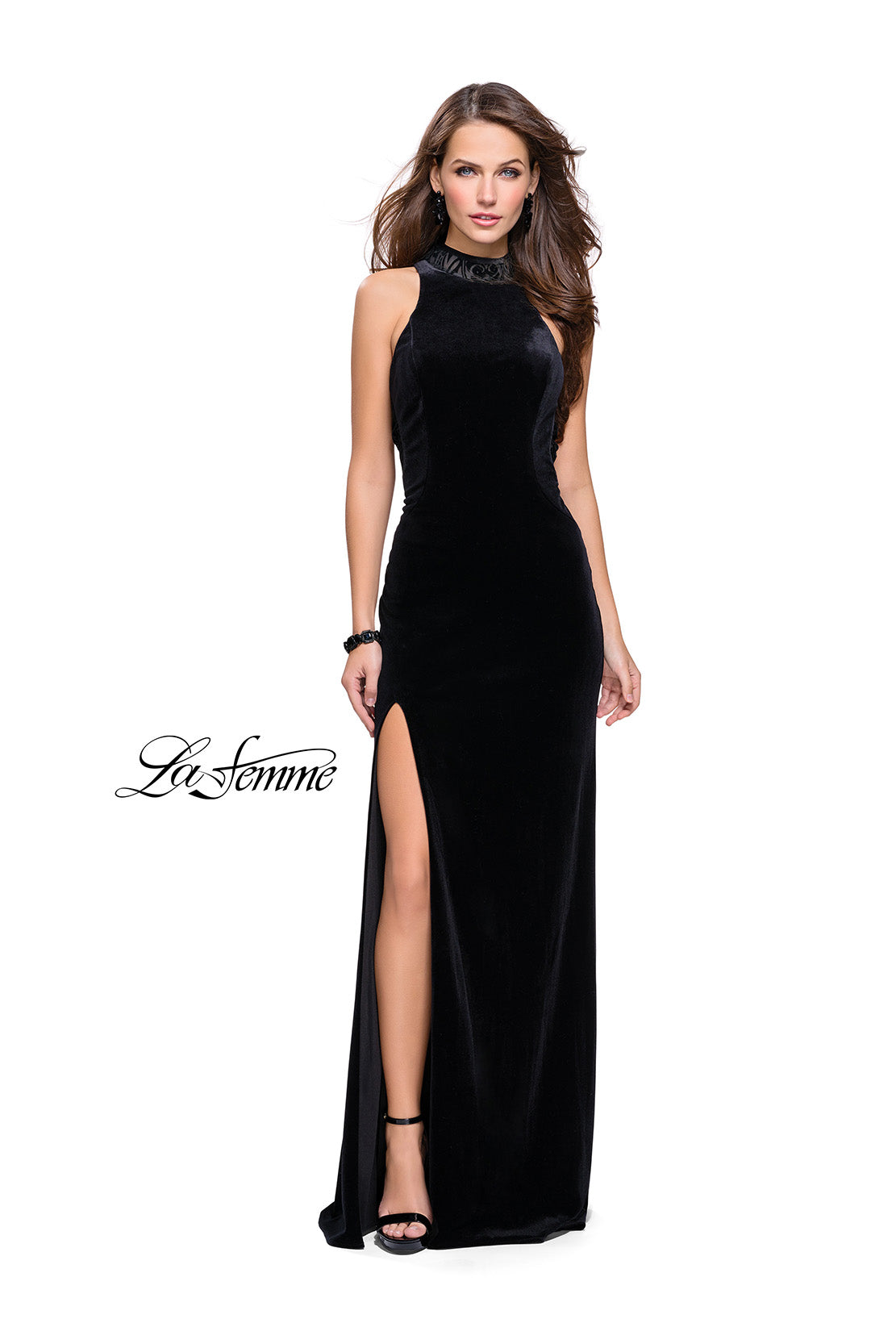 Picture of: Form Fitting Velvet Prom Dress with High Neckline in Black, Style: 25559, Detail Picture 1