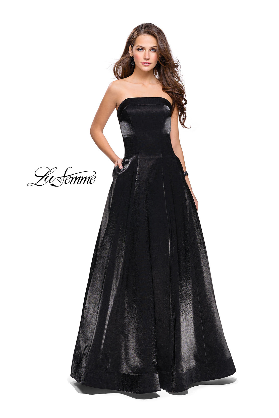 Picture of: Long Strapless Two-Tone Satin Ball Gown with Pockets in Black, Style: 25638, Detail Picture 1