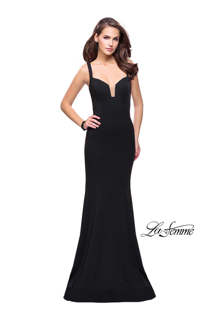 Picture of: Long Form Fitting Jersey Prom Dress with Open Back in Black, Style: 25651, Detail Picture 1
