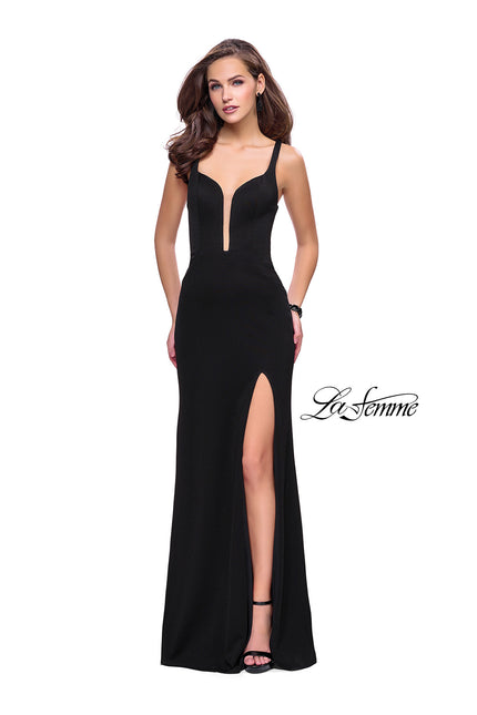 Picture of: Long Jersey Prom Dress with Caged Strappy Open Back in Black, Style: 25720, Detail Picture 1