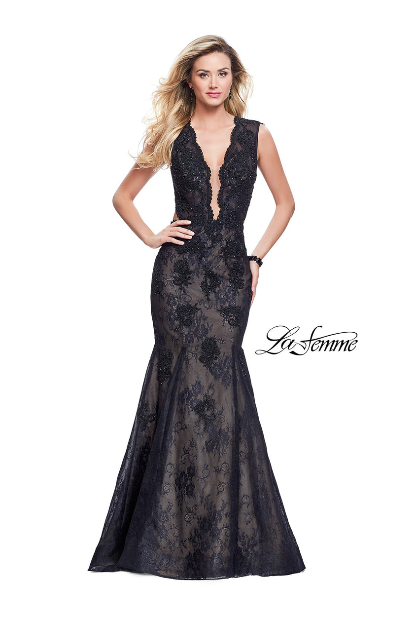 Picture of: Long Beaded Lace Mermaid Prom Dress with Open Back in Black, Style: 26120, Detail Picture 1