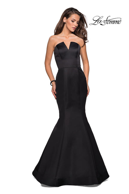 Picture of: Strapless V Prom Gown with Cascading Ruffle Back in Black, Style: 27105, Detail Picture 1