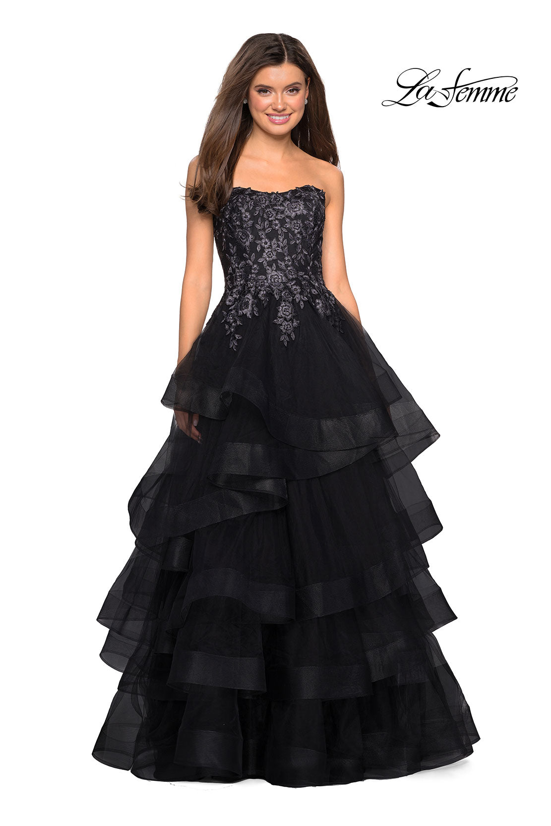 Picture of: Strapless Floor Length Layered Tulle Prom Gown in Black, Style: 27291, Detail Picture 1