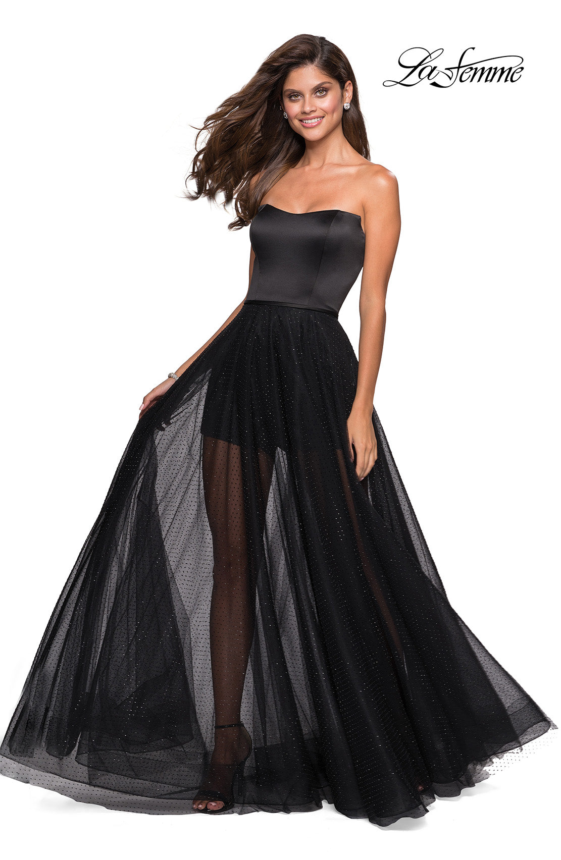 Picture of: Strapless Gown with Tulle Rhinestone Skirt and Shorts in Black, Style: 27522, Back Picture