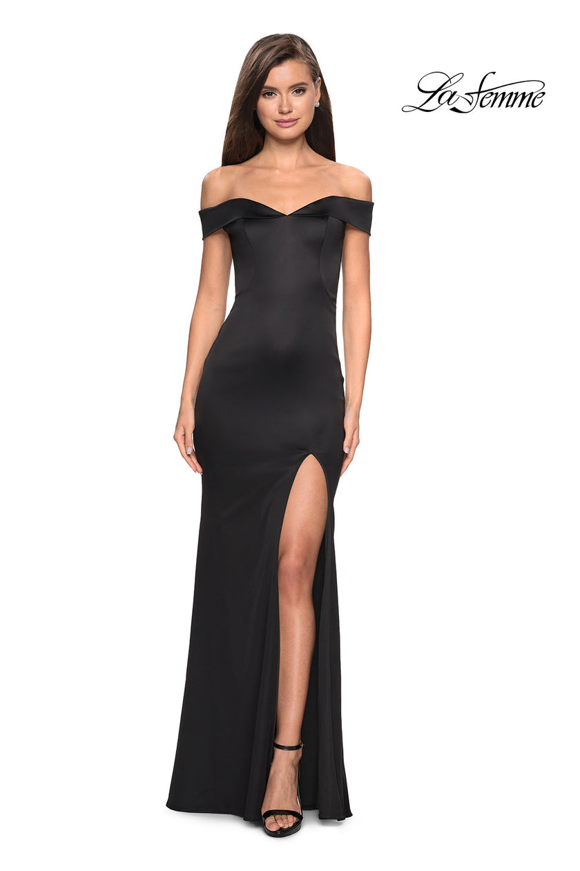 Picture of: Form Fitting Off the Shoulder Satin Prom Dress in Black, Style: 27752, Detail Picture 1