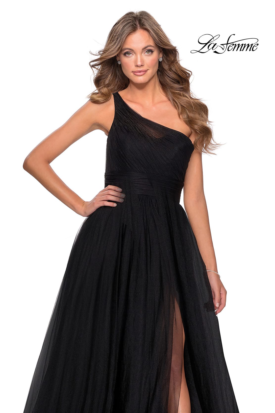 Picture of: One Shoulder Tulle Ball Gown with Pockets in Black, Style: 28383, Detail Picture 1