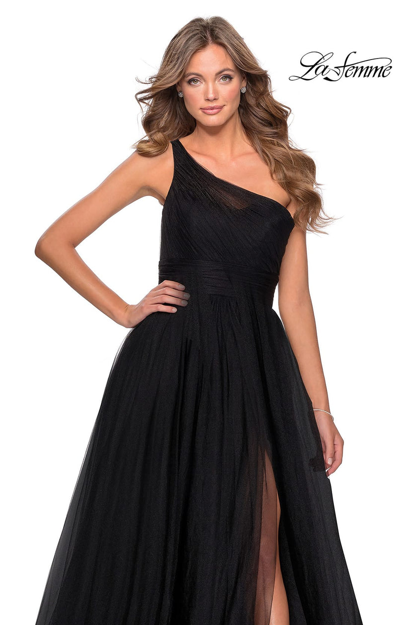 Picture of: One Shoulder Tulle Ball Gown with Pockets in Black, Style: 28383, Detail Picture 1