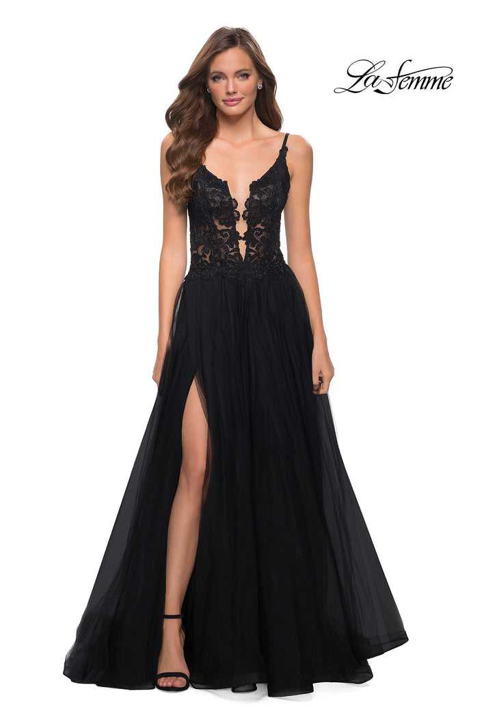Picture of: Tulle A Line Gown with Lace Rhinestone Bodice in Black, Style 29686, Detail Picture 1