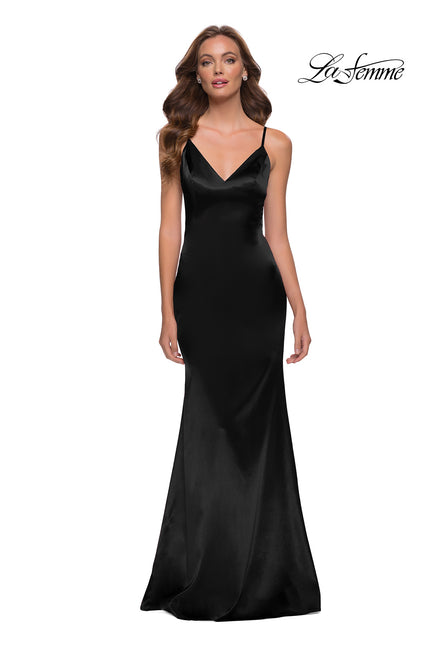 Picture of: Chic Long Stretch Satin Gown with V Neck and Back in Black, Style 29960, Detail Picture 1