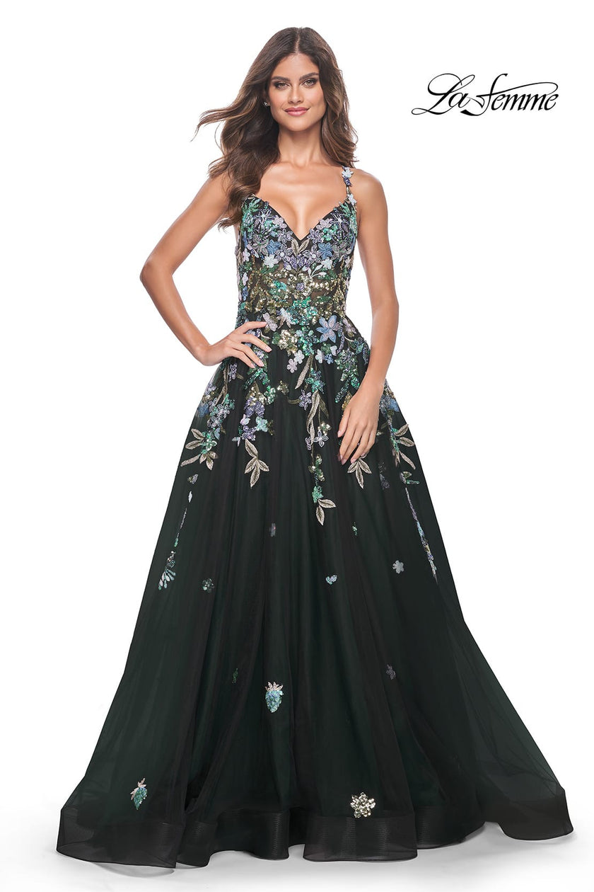 Picture of: Gorgeous Sequin Floral Lace Applique A-Line Tulle Prom Dress in Black, Style: 32023, Detail Picture 1