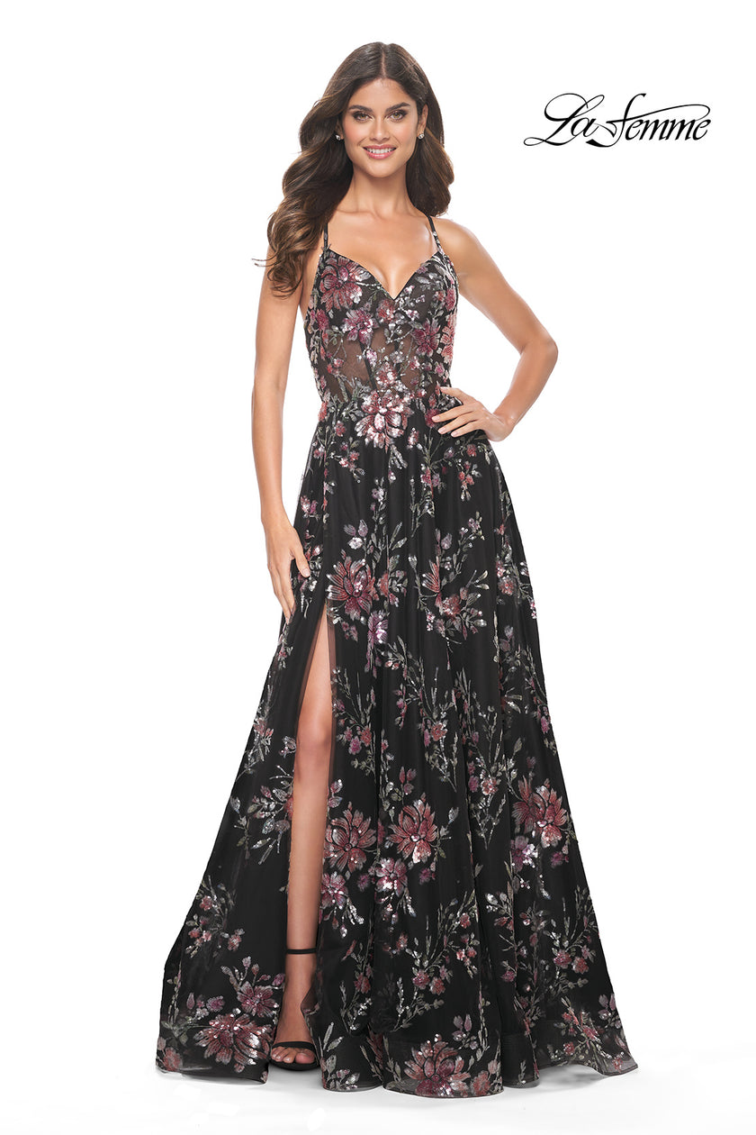 Picture of: Unique Lace Sequin Applique Tulle A-Line Prom Dress in Black, Style: 32031, Detail Picture 1