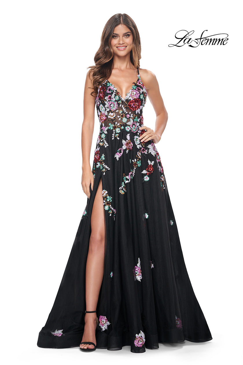 Picture of: Multi Color Sequin Floral Applique A-Line Prom Dress in Black, Style: 32051, Detail Picture 1