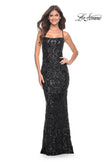 Picture of: Black Print Sequin Gown with Square Neckline in Black, Style: 32255, Detail Picture 1