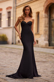 Picture of: Strapless Sweetheart Lace Trim Gown with Slit in Black, Style: 33366, Detail Picture 1