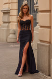 Picture of: Strapless Lace Applique Corset Gown with High Slit in Black, Style: 33399, Detail Picture 1