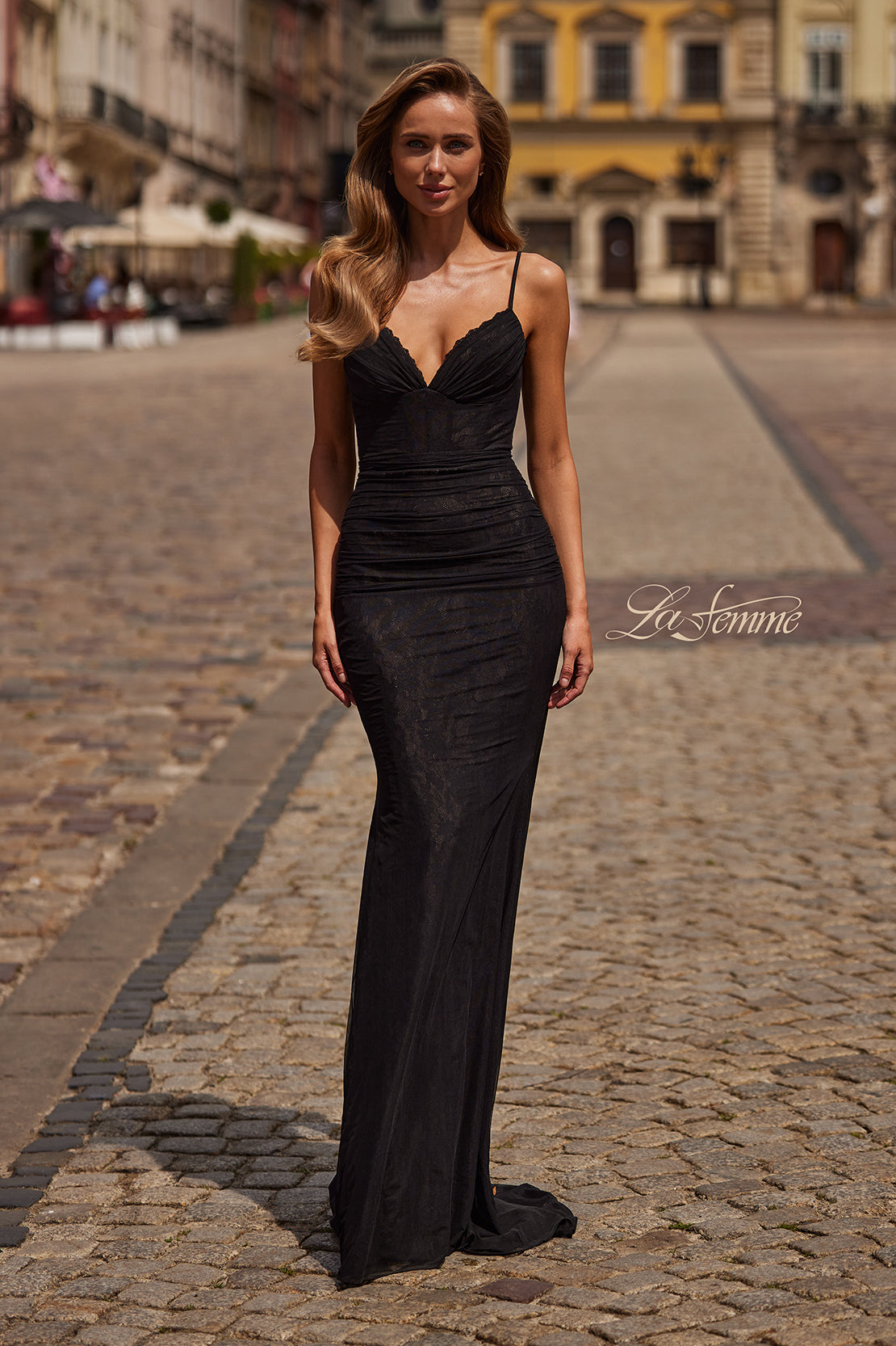 Picture of: Lace Fitted Gown with Ruched Bodice and Sheer Back in Black, Style: 33443, Detail Picture 1