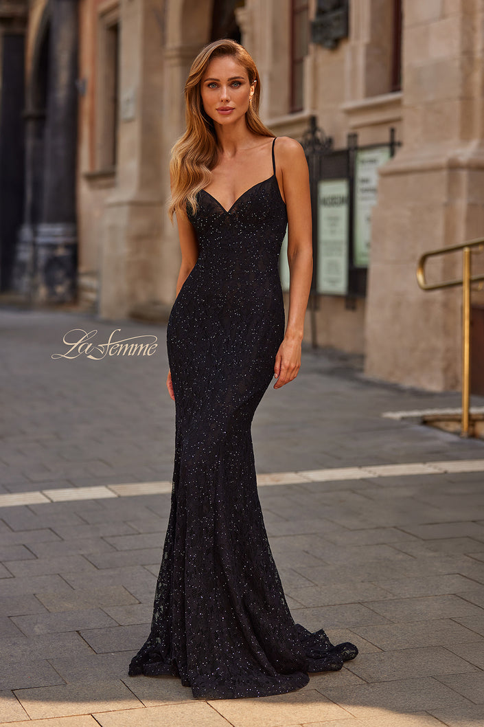 Picture of: Lace Fitted Gown with Sheer Back and Spaghetti Straps in Black, Style: 33452, Detail Picture 1