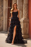 Picture of: Tiered Ruffle Gown with Beaded Bodice and High Slit in Black, Style: 33493, Detail Picture 1