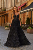 Picture of: Tiered Lace A-Line Gown with Corset Bodice and Slit in Black, Style: 33525, Detail Picture 1