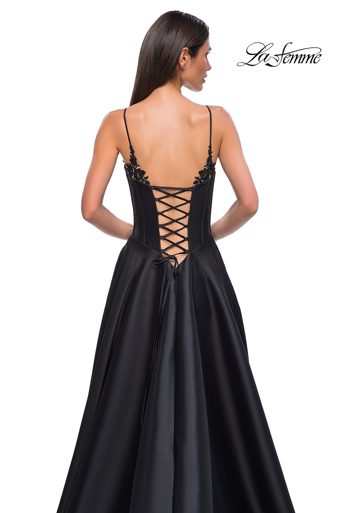 Picture of: Mikado A-line Gown with Lace Detail Neckline in Black , Style 32878, Detail Picture 29
