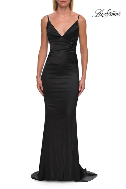 Picture of: Satin Fitted Gown with Gathered Bodice and Spaghetti Straps in Black, Style: 33421, Detail Picture 30