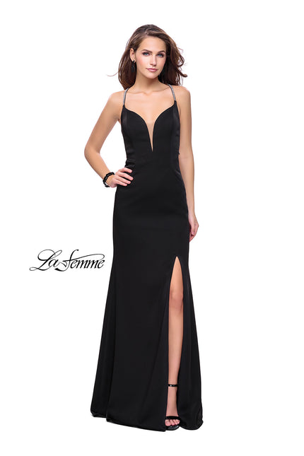 Picture of: Long Jersey Prom Dress with Plunging Neckline and Beading in Black, Style: 25398, Detail Picture 2