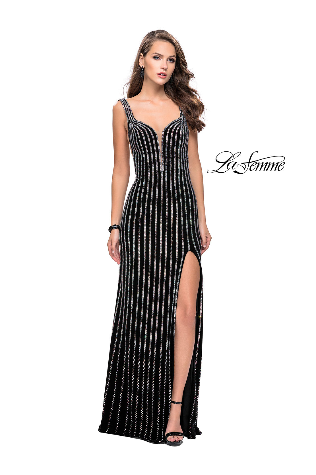 Picture of: Form Fitting Metallic Beaded Prom Dress with Cutouts in Black, Style: 25569, Detail Picture 2