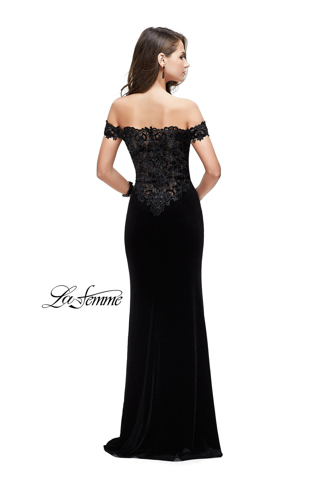 Picture of: Long Velvet Off the Shoulder Gown with Lace Detail in Black, Style: 25591, Detail Picture 2