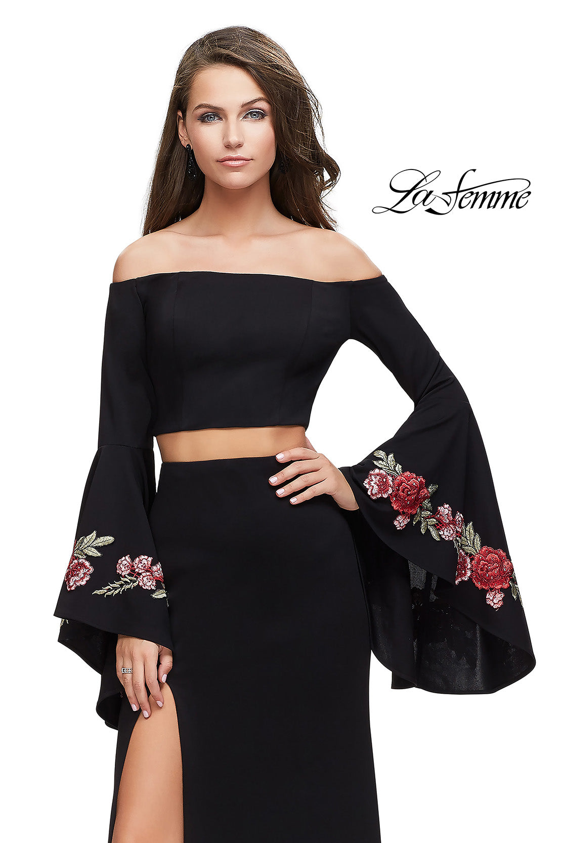 Picture of: Two Piece Off the Shoulder Dress with Long Bell Sleeves in Black, Style: 25741, Detail Picture 2